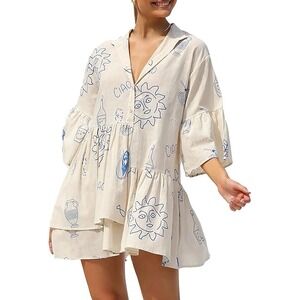Commense Sun Print Babydoll Mini Dress Cream Blue Large